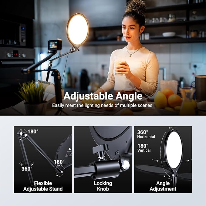 NEEWER Basics 10.5" Streaming Key Lighting, 3000-6500K 15W Full Screen LED Panel Ring Light with Adjustable Arm Stand Desk Clamp Timer for Laptop Computer Video Conference Zoom Makeup, R10