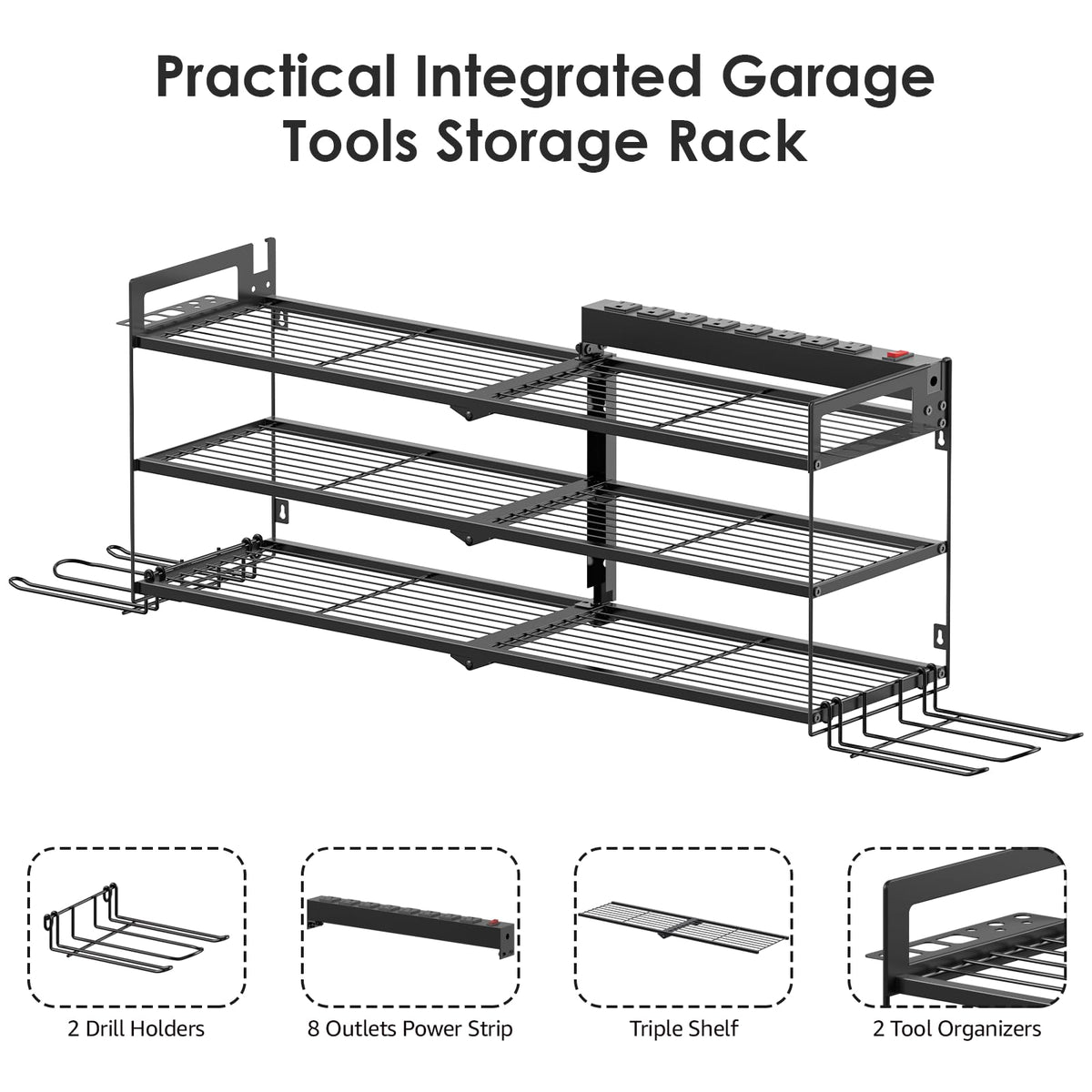 CCCEI Garage Tools Storage with Charging Station. Power Tool Battery Organizer Utility Shelf with Power Strip. 4 Drills Holder Wall Mount Rack, Black.