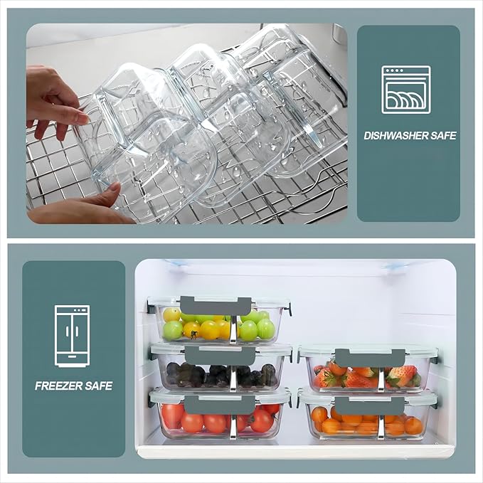 KOMUEE Glass Meal Prep Containers 3 Compartments, 5 Pack 36 oz