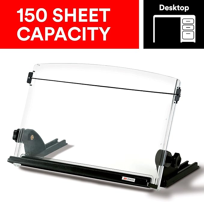 3M Adjustable Document Copy Holder, In-line with Monitor Minimizing Head and Neck Movement, 150 Sheet Capacity Holds Sheets to Books, Elastic Line Guide Keeps Pages Open, 14" Wide, Black (DH630) - Black/Clear
