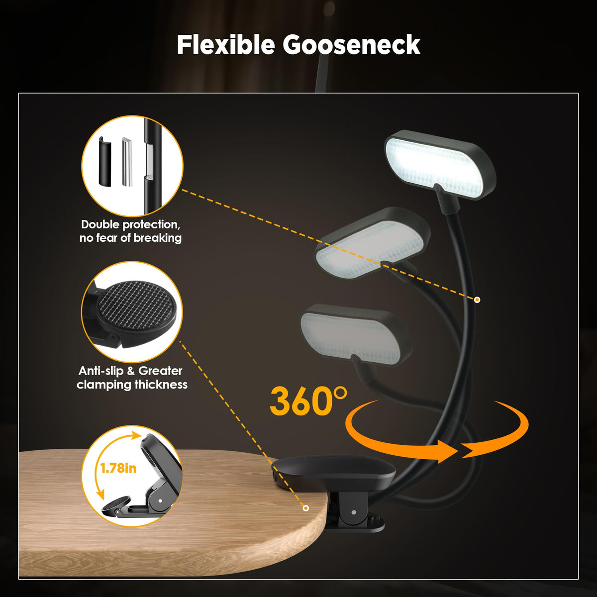 Book Light for Reading at Night - 3 Color Modes & 70 Hours Runtime Reading light for books in bed, Rechargeable LED Book Light Clip On with Flexible Neck, Eye-Care, Gift for Book Lovers, Matte Black