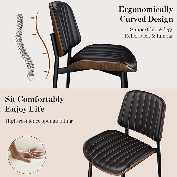Dining Chairs Set of 6, Mid-Century Modern Upholstered PU Leather Chairs with Walnut Bentwood Back and Metal Legs Adjustable Feet for Kitchen Dining Living Room, Dark Black Vertical Stripes
