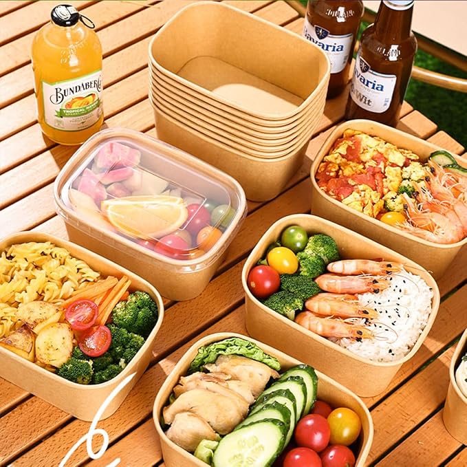 Artuxer 50 Pack 29Oz Disposable Meal Prep Containers With Lids and Forks-Disposable Kraft Paper Bowls-to go food containers-Microwavable and Freezer Safe Take Out Containers