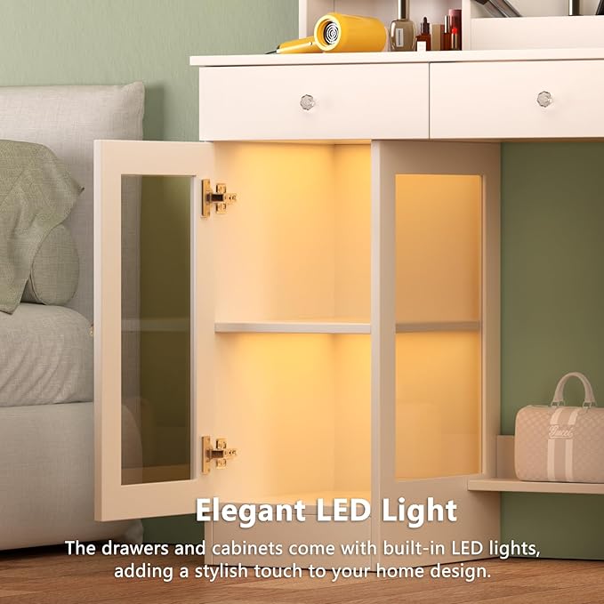 Vanity Desk with Mirror and Lights, Glass Top & Power Outlet | Makeup Vanity Set with Chair | Small Dressing Table with 2 Drawers and Cabinet Storage for Bedroom(White)
