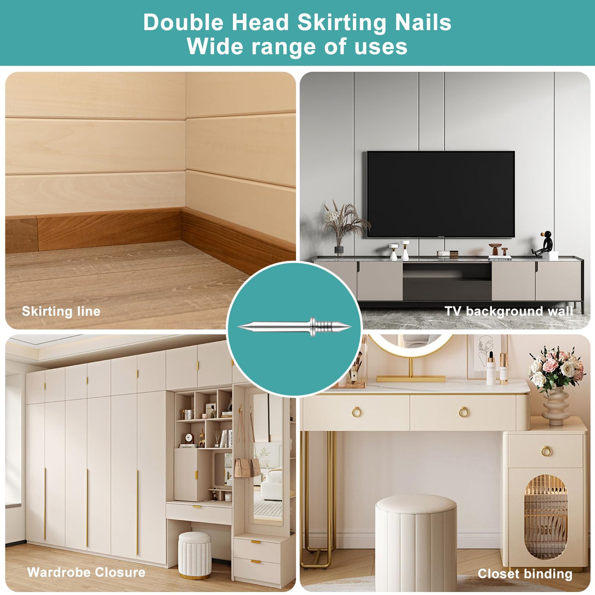 600PCS Krttwwx Double Headed Skirting Seamless Nails, Double Sided Invisible Nails, No Mark with 6 Tools, for Furniture, MDF or Solid Wood Baseboards & Trim Casing Work - 0.67" x 0.39"