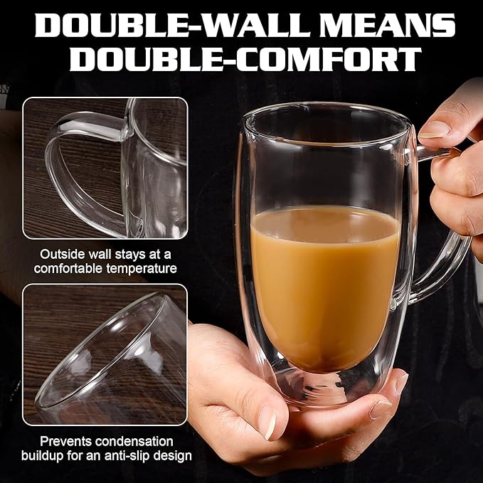 Clear Glass Double Wall Insulated Round Coffee Mugs Set of 6 Pieces - Large Size 16oz Best Reusable Coffee Mug for Home Cafe Restaurant Perfect for Espresso Capucinno Lungo Latte Coffee