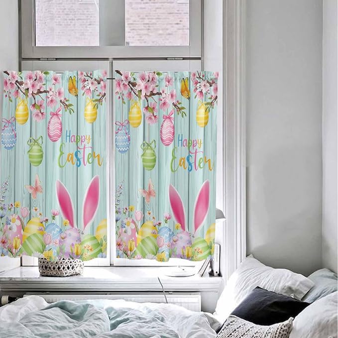 Happy Easter Kitchen Curtains 54 Inches Length, Spring Bunny Eggs Flower Teal