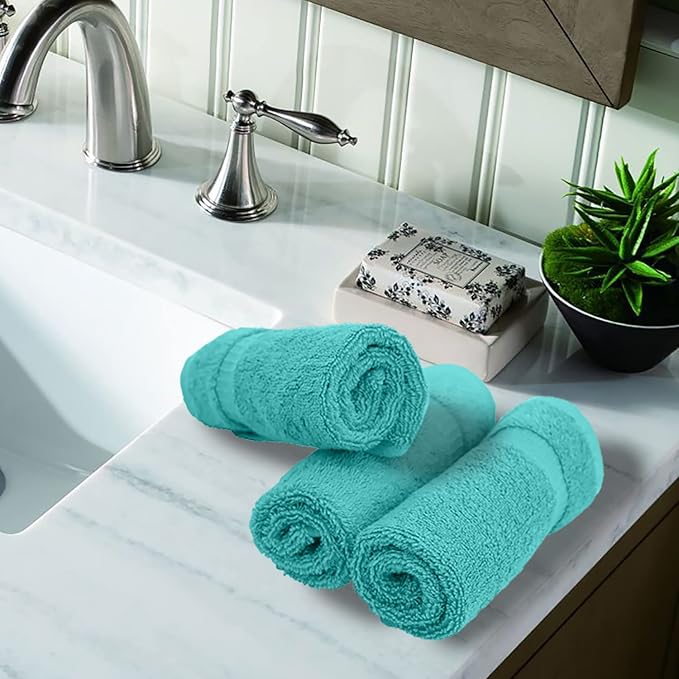 Luxury Hotel & Spa Collection, 100% Turkish Cotton 700 GSM Cloth, for Body wash, Makeup & Facial Cleaning, Baby, face, loofah, Dobby Border Soft washcloths Towel Set 13" X 13", Aqua Blue, Set of 12