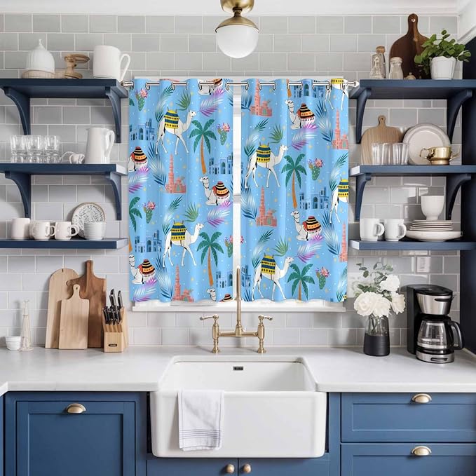 2 Panel Kitchen Cafe Curtains, Desert Landscape Sunlight Filtering Nature Air