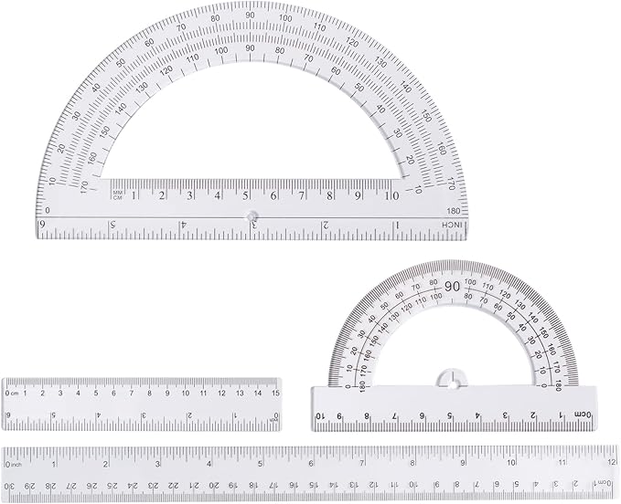6-Piece Clear Math Geometry Set with 12-Inch and 6-Inch Rulers, 2 Triangles, 2 Protractors