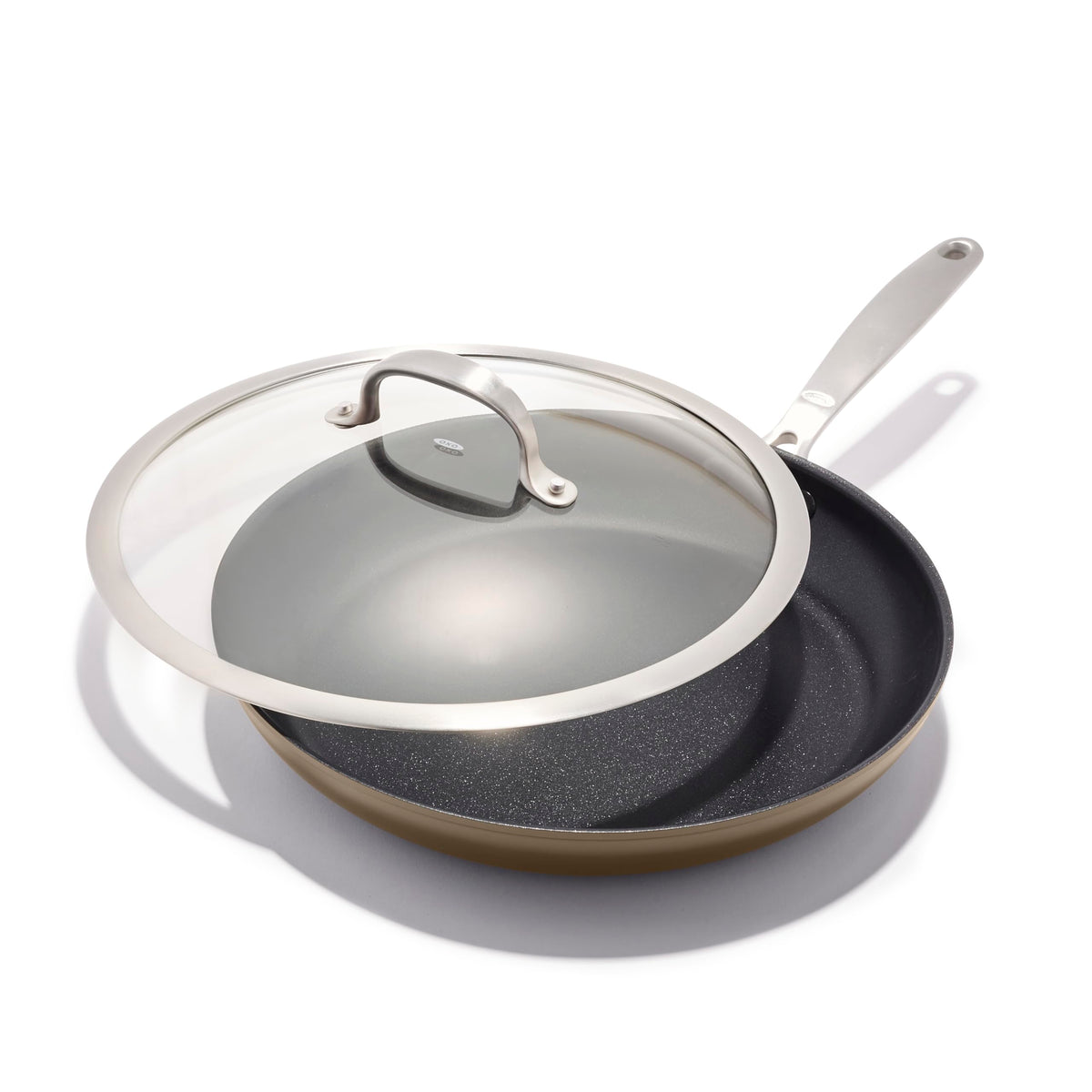 OXO Enhanced 12” Nonstick Frying Pan Skillet, Ceramic PFAS-Free Cookware, Stainless Steel Handle, Eggs & Omelets, Dishwasher & Oven Safe, Biscuit Brown