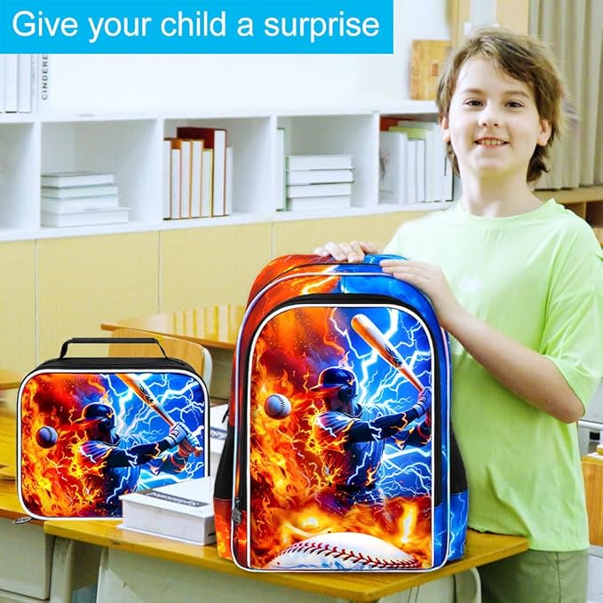 gxtvo 3PCS Boys Baseball Backpack, 17" Kids Bookbag with Lunch Box, Water Resistant Middle Elementary School Bag - Fire & Lightning Baseball Player