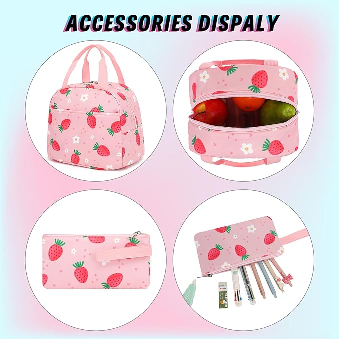School Backpack for Girls 3Pcs Set Elementary Middle School Book Bags with Lunch Box Pencil Case