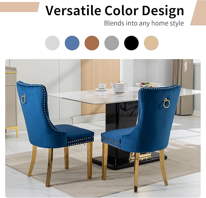 Luxury Upholstered Dining Chairs Set of 4, Blue Kitchen Chair with Golden Metal Legs, Velvet Tufted Back Dining Chair, Sillas de Comedor, Modern Kitchen & Dining Room Chairs (Blue, 4 Pcs)