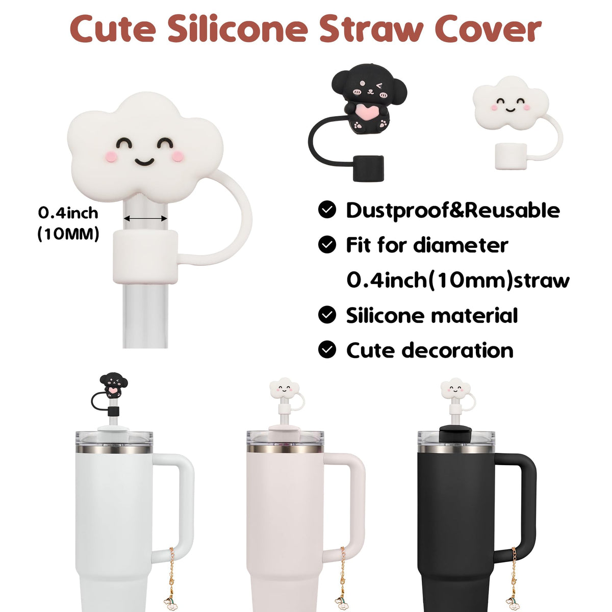 Noxgifix Stanley Cup Accessories Set,With 2 Pcs 10mm 0.4in Stanley Straw Cover,1 Silicone Protective Boot,3 Pcs Silicone Spill Proof Stopper,1 Handle Charm,for Stanley Cup 30&40 OZ Tumbler Accessories