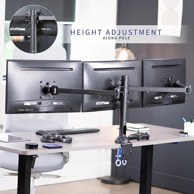 VIVO Triple Monitor 23 to 32 inch LED LCD Clamp-on Desk Mount, Heavy Duty Articulating VESA Computer Stand, Holds 3 Screens, Fully Adjustable for Home Office Workstation, Black, STAND-V103