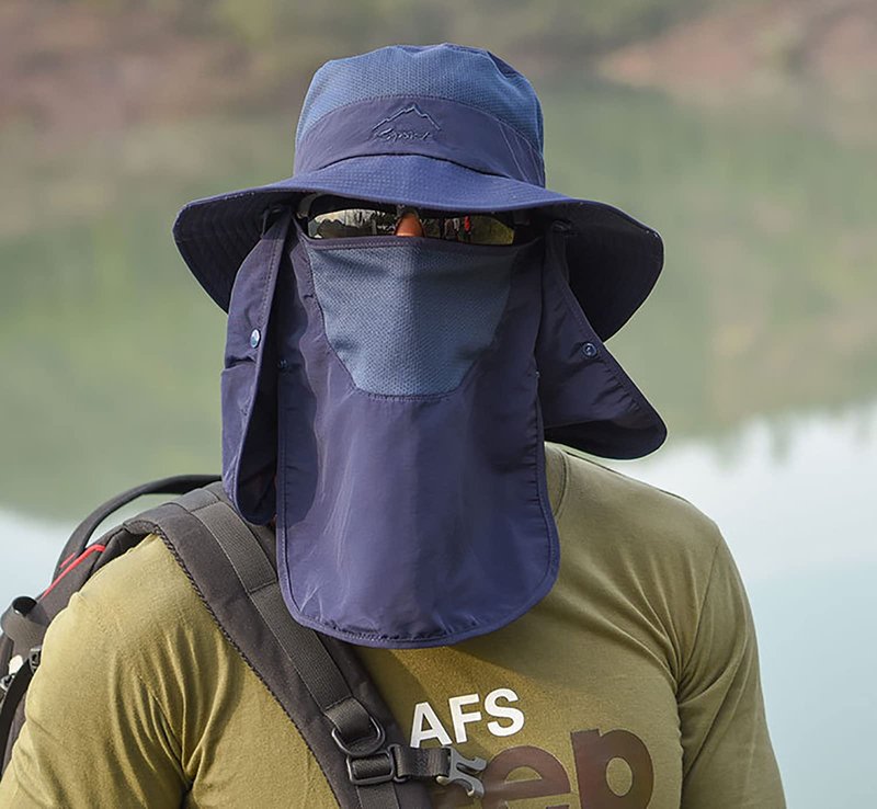 Sun Hat for Women Men Wide Brim with Removeable Neck Face Flap UPF50+ Fishing Bucket Hats Navy