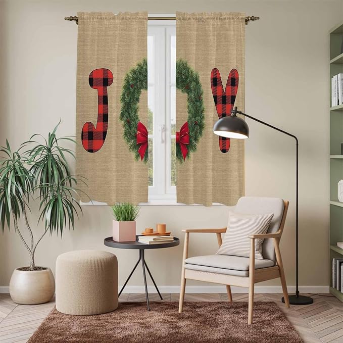 Red Green Christmas Window Curtains 63 Inch Long 2 Panel Set, Rod Pocket