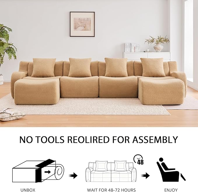 Camel 3-Seater Cloud Couch, Modern Teddy Fabric Boneless Sectional Sofa in a Box for Living Room, Modular Floor Couch, Deep Seat, No Assembly Required, Sofas para Sala
