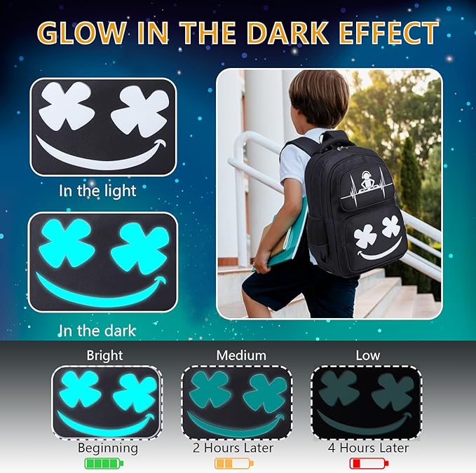 Boys Backpack with Lunch Box Glow in Dark Kids Ages 4-12 Kindergarten Elementary Middle School Teens Bookbag Mochilas Para Niños, Luminous Face Black