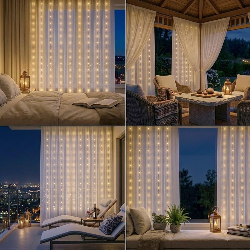 Vigdur Led Curtain String Lights, 8FT Window Fairy Lights for Bedroom with 210 Warm LEDs, Hanging Twinkle Indoor String Light for Party Wedding Garden Wall Decor(8 * 7ft)