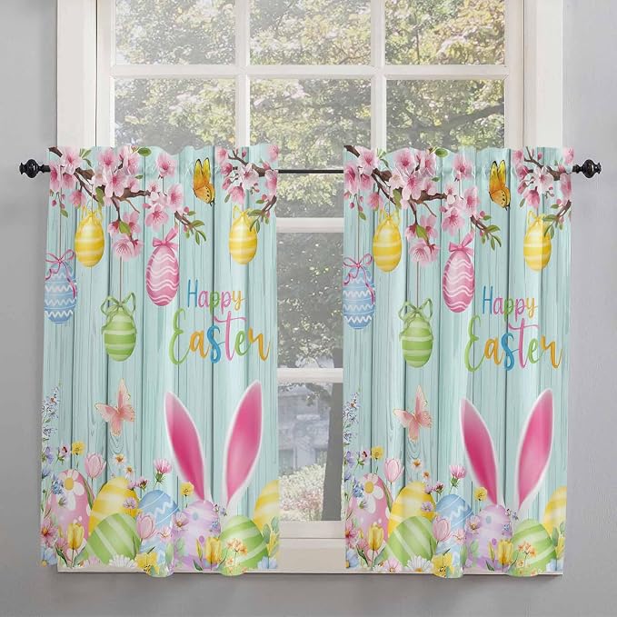 Happy Easter Kitchen Curtains 54 Inches Length, Spring Bunny Eggs Flower Teal