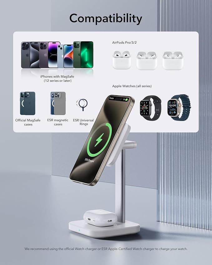ESR 2 in 1 Charging Station for Apple, MagSafe Charger Stand for iPhone [Certified], Magsafe Charging Station for Multiple Devices iPhone 17/16/15/14/13/12, Apple Watch, & AirPods, White