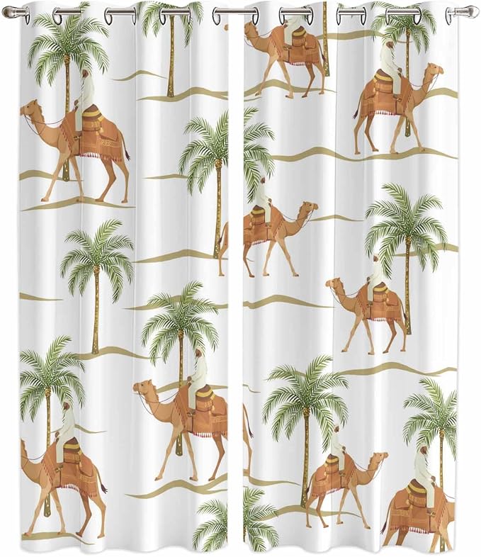 2 Panel Kitchen Cafe Curtains, Desert Camels Sunlight Filtering Nature Air
