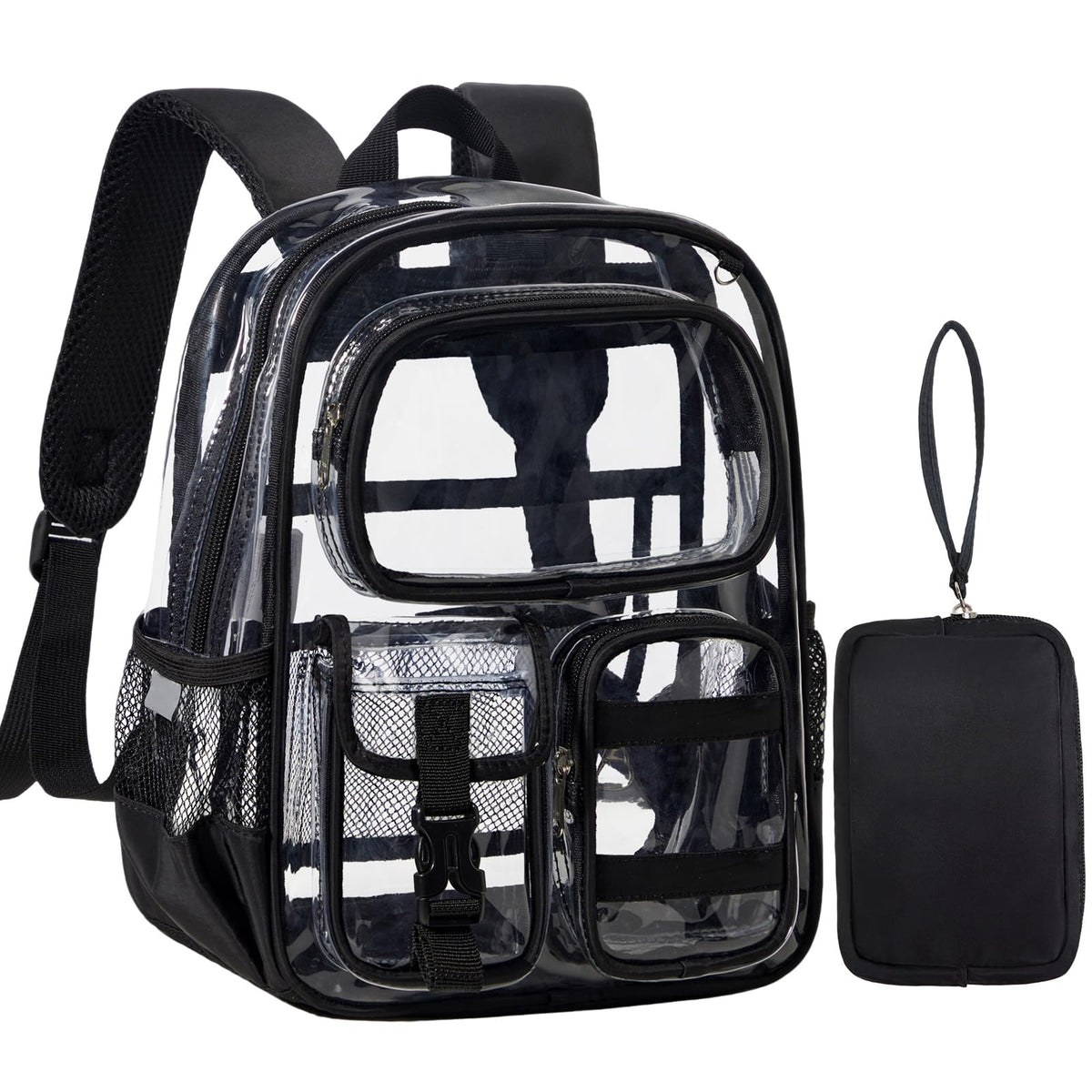 Unineovo Mini Clear Backpack for Stadium Approved 12x6x12, Small Transparent Backpacks Plastic See Through Clear Bag for Kids Girls Women for Sporting Event, Concerts, Work, Festival (Black)