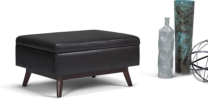 SIMPLIHOME Owen Coffee Table Storage Ottoman - 34 inch Wide Upholstered Vegan Leather Rectangular Lift-Top Ottoman in Distressed Black, Mid-Century Modern Bench for Living Room with Tapered Legs