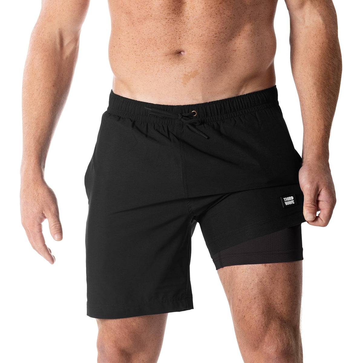 Third Wave Swim Trunks with Compression Liner - Men's Premium 7 Inch Inseam Quick Dry Swim Shorts for Beach and Swimming (Black/Black 7 M)