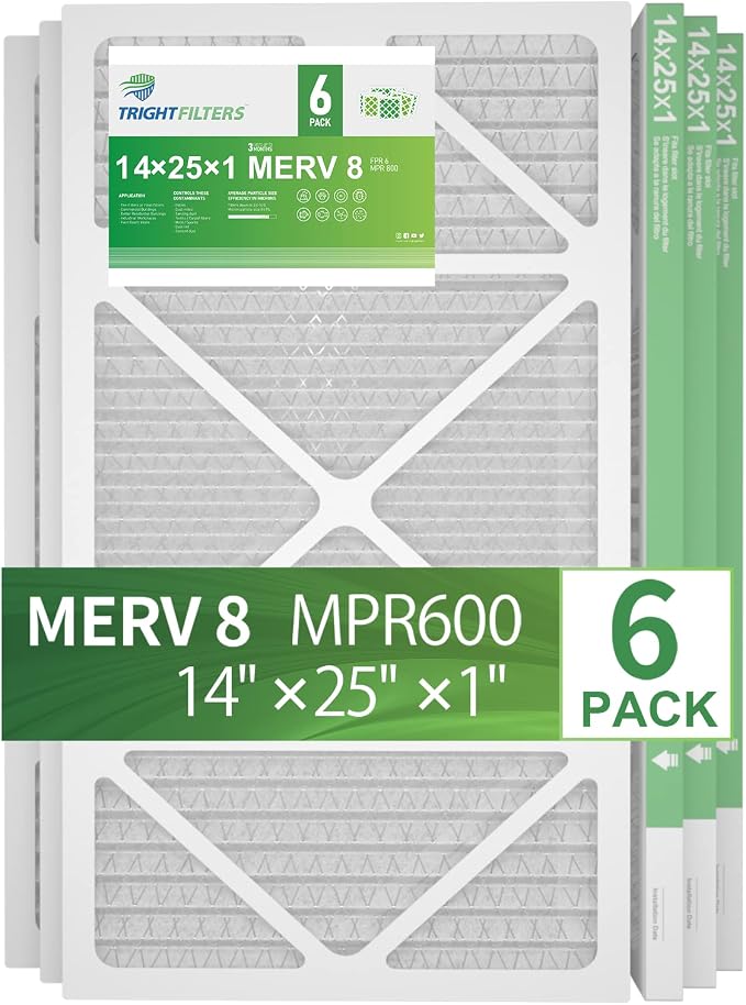 14x25x1 Air Filter 6 Pack, Durable MERV 8 Pleated Home HVAC AC Furnace Filters
