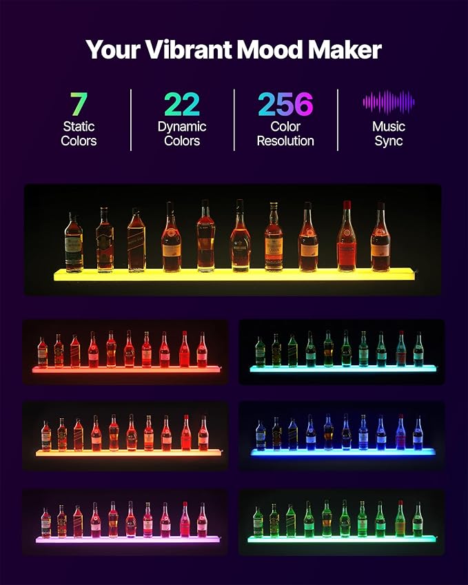 VEVOR LED Lighted Liquor Bottle Display, 1 Tier 60 Inches Whiskey Rack, Supports USB, Illuminated Home Bar Shelf with RF Remote & App Control, 7 Static Colors, Acrylic Lighted Shelf for 15 Bottles