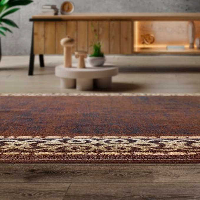 Antep Rugs Alfombras Bordered Modern 5x7 Non-Slip (Non-Skid) Low Pile Rubber Backing Indoor Area Rug (Brown, 5' x 7')