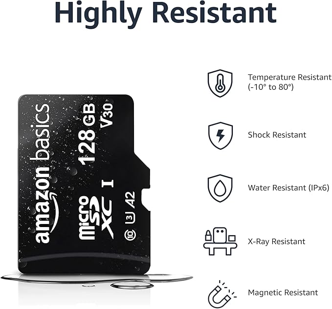 Amazon Basics Micro SDXC Memory Card with Full Size Adapter, A2, U3, Class 10, Read Speed up to 100 MB/s, 128 GB, Black