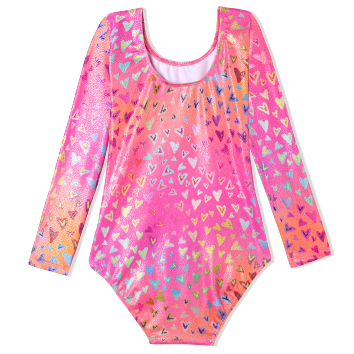 Domusgo Leotard for Girls Gymnastics Size 7-8 Years Old One Piece Shiny Pink Long Sleeve Neon Heart Outfits