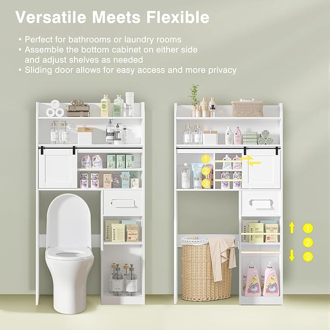 VECELO Over The Toilet Storage Cabinet with Sliding Doors, 63.8" Toilet Organizer with Adjustable Shelves, Paper Holder and Racks, for Bathroom Laundry, White