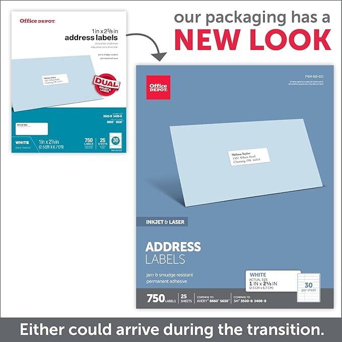 Office Depot White Inkjet/Laser Address Labels, 1in. x 2 5/8in., Pack Of 750, 505-O004-0003