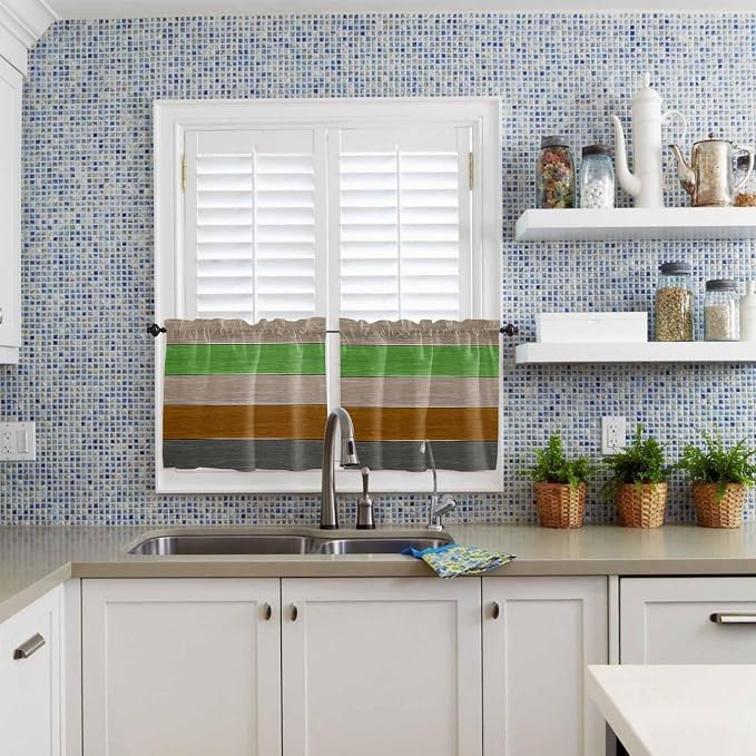 Farm Gray Green Brown Wood Grain Window Valance Curtains, Rustic Wooden Plank
