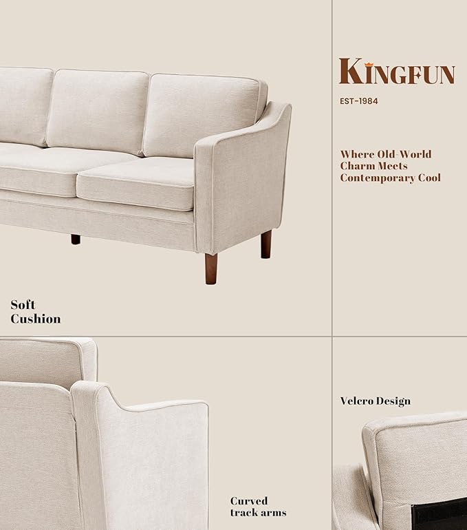 Kingfun 80" Chenille Sofa, 3 Seater Couch, Mid Century Modern Couches with Solid Wood Frame for Living Room & Bedroom, Beige