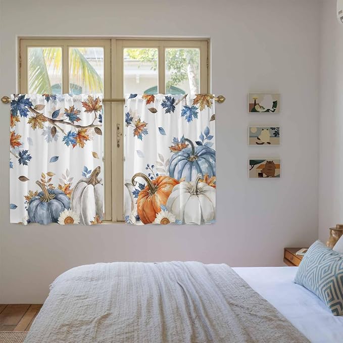 Navy Blue Pumpkin Fall Kitchen Tier Curtains 45 Inch Long 2 Panel Set, Rod