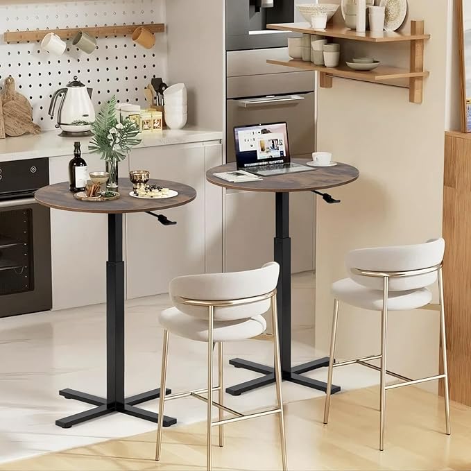 Bar Table,Round Dining Table with Height Adjustment,23.8-Inch Top, 41 Inch Adjustable Range, Comes with 4 Wheels, Ideal for Small Bar & Café(Rustic Brown), Set of 1