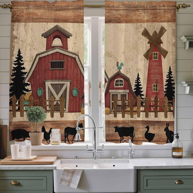Brown Farmhouse Kitchen Curtains, Vintage Country Animals Wooden Grain Light