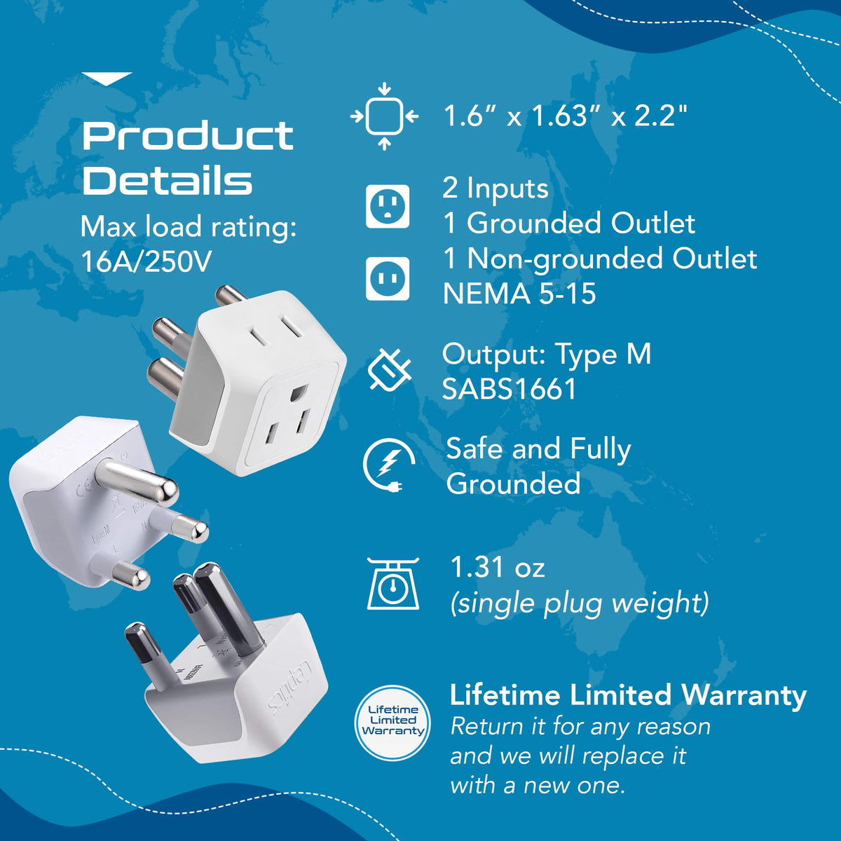 Ceptics South Africa, Namibia Travel Adapter Plug with Dual Usa Input - Type M - Ultra Compact - Safe Grounded Perfect for Cell Phones, Laptops, Camera Chargers and More 3 Pack (CT-10L)