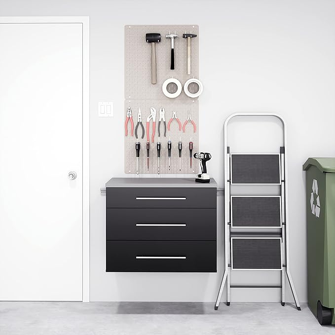 Prepac HangUps 30'' Garage Storage Cabinet with 3 Drawers, Wood Wall Mount Pantry Cabinet, Wall Hanging Laundry Room Cupboard, Kitchen Pantry for Garage, Kitchen and Laundry Organization, Black
