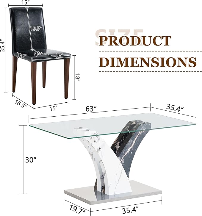 Glass Dining Table Set for 4, 63” Kitchen Table Set for 4, Modern Dining Room Table Set with Upholstered Chairs, Tempered Glass Tabletop with Y Shape Base