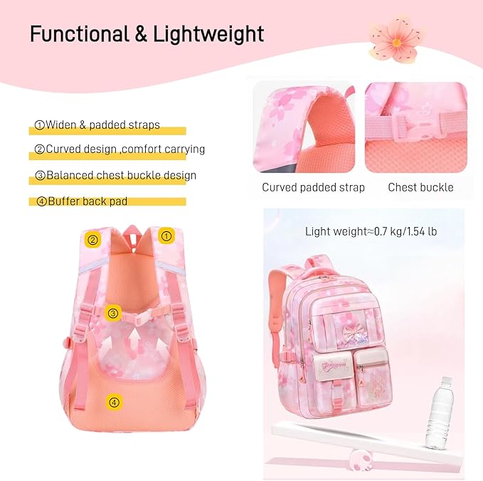 Kids Backpack School Bags for Girls, Cute Princess Backpack Multi-pocket Elementary School Students Bookbag for Girls, Blue