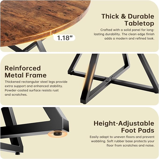 Concho 47" Round Kitchen Dining Room Table for 4-6,Circle Dining Dinner Table with Pedestal Metal Frame,Space Saving Wood Kitchen & Dining Room Furniture, Rustic Brown