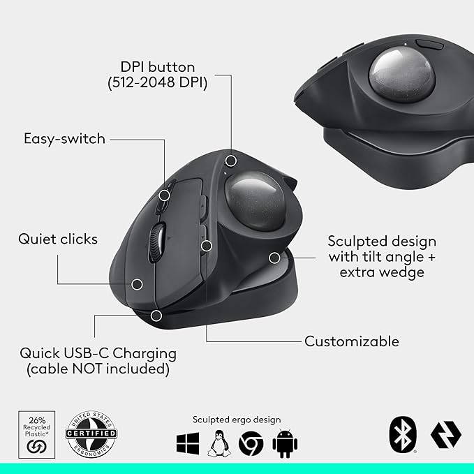 Logitech MX Ergo S Advanced Wireless Trackball Mouse, USB-C Rechargeable Wireless Ergonomic Mouse with Bluetooth and Encrypted Dongle, 6 Programmable Buttons, for PC/Mac