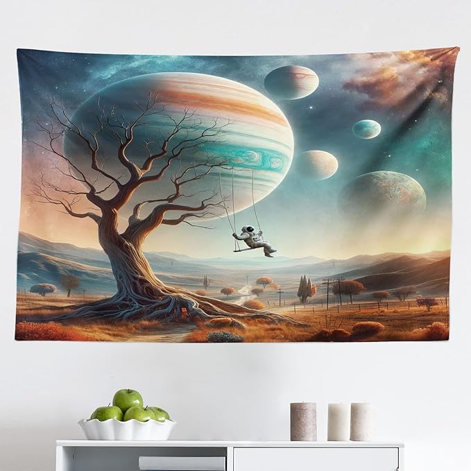 Ambesonne Space Tapestry, Scene of a Lonely Astronaut on a Swing in an Unknown Galaxy Among Planets and Trees, Fabric Wall Hanging Decor for Bedroom Living Room Dorm, 45" X 30", Teal Ginger